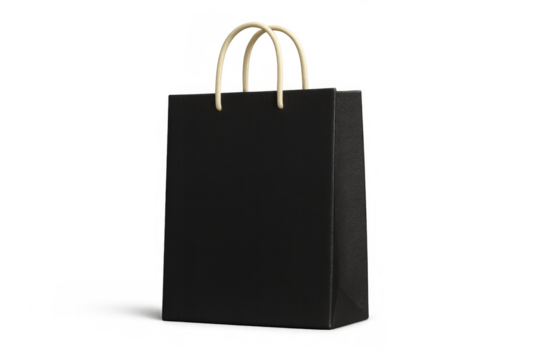 Black paper shopping bag with beige handles on transparent background for retail, gift, and consumerism concepts