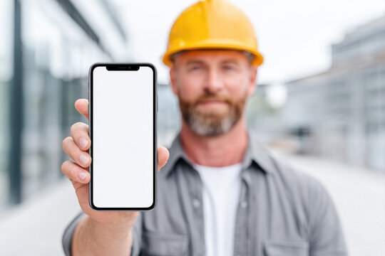 Construction worker wearing yellow hard hat shows smartphone with blank screen outdoors on building site, smiling confidently
