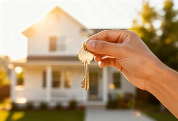 Close-up of a hand holding a golden house key in front of a sunny, blurred suburban home, symbolizing ownership, real estate.