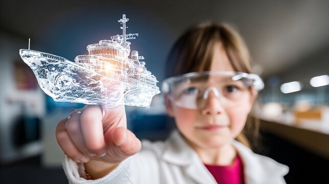 a young girl in a lab coat holding a scientific object