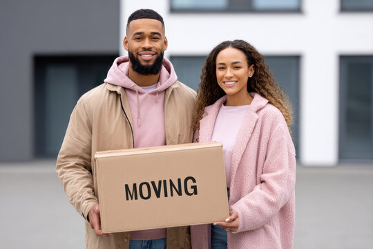 Happy couple holding moving box outside new home smiling with excitement and joy for fresh start and new beginning
