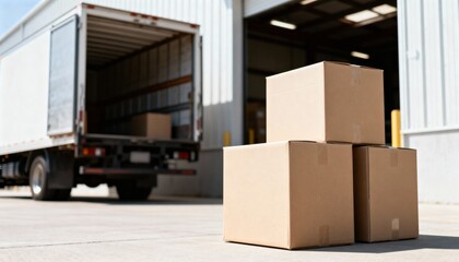 Cardboard boxes stacked outdoors near a loading dock with a white delivery truck backed up in the background.