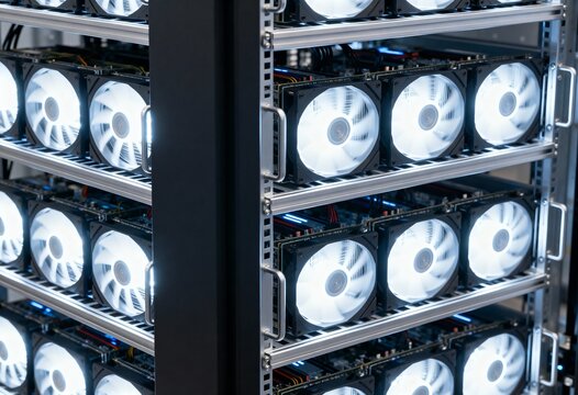 Brightly illuminated cooling fans on multiple computer components mounted in a modern server rack infrastructure.