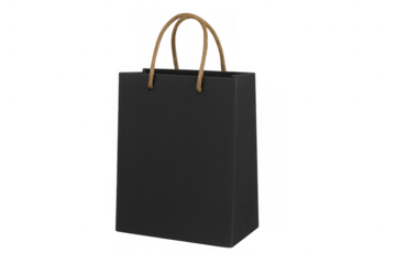 Black shopping bag with paper handles, representing retail purchase, delivery, and gifting, for e-commerce and store branding