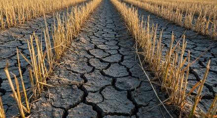 Severely dry and cracked soil with dead, withered wheat stalks illustrating catastrophic crop failure caused by prolonged drought conditions, brown, failure, field