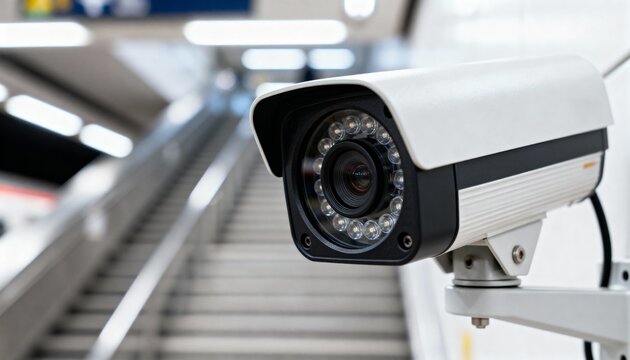 Close-up of a white security camera (CCTV) with IR LEDs monitoring a public indoor staircase.
