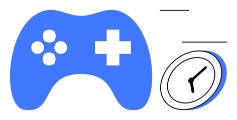 Obraz premium Blue gaming controller paired with a clock symbolizes leisure, time control, productivity, play, focus, and digital balance. Ideal for gaming, time tracking, scheduling lifestyle mindfulness