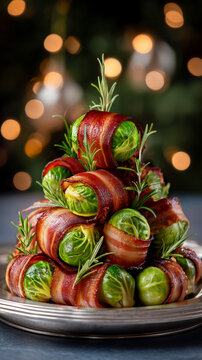 Christmas tree appetizer made of Brussels sprouts wrapped in bacon, festive holiday food.