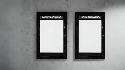 Modern cinema 'NOW SHOWING' frames on concrete wall, perfect for dynamic movie trailers or event promotions
