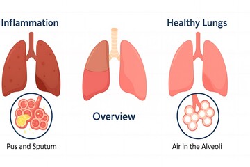 Comparison of healthy lungs and inflamed lungs with alveoli detail
