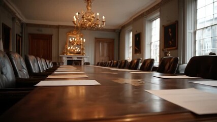 Formal meeting room with leather chairs, large table, fireplace, and ornate chandelier