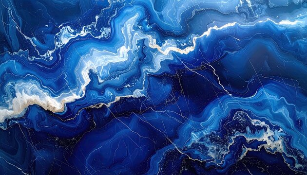 Abstract Blue Marble Texture with Swirling White and Gold Veins.