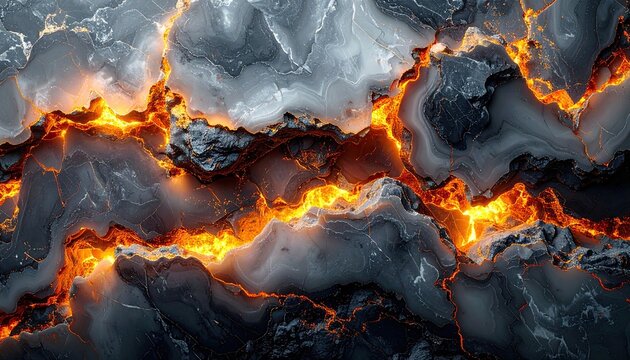 Abstract fiery lava cracks in dark rock texture background.