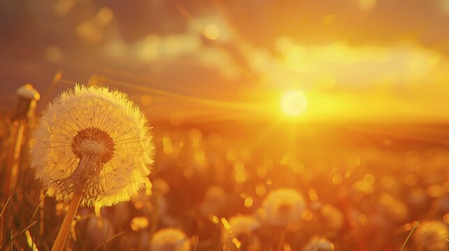 Dandelion seed head at sunset, illuminated by golden light