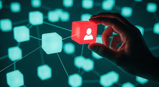 Hand placing person icon on connected network cube