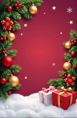 Festive Christmas border with evergreen branches, red and white wrapped presents, and a touch of sparkle, overhead, cheer