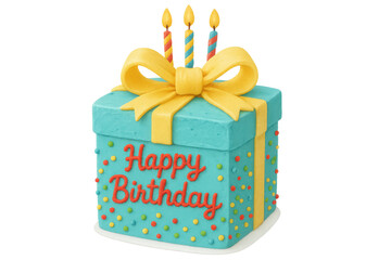 Obraz premium Birthday cake shaped like a gift box with happy birthday text, candles, ribbon, confetti on transparent background
