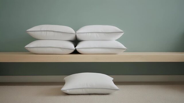 Comfortable white pillows stacked neatly on a modern wooden shelf, inviting relaxation and restful sleep.