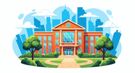 Fototapeta premium Classic school or university building with a green lawn and trees against a city skyline vector illustration
