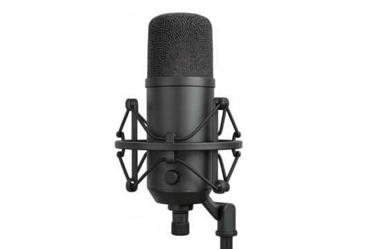 Professional studio microphone on shock mount with mesh grille, capturing voice, music, and podcast audio, transparent background