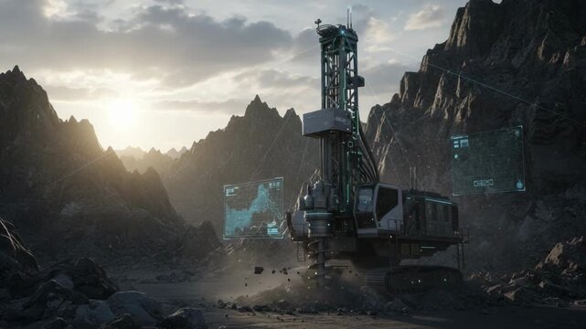 Medium shot of automated drilling rig operating in rugged terrain showcasing AIcontrolled precision for anthracite extraction with integrated GPS technology.