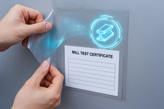 Mill test certificate on construction site ensures quality assurance and standardization concept for steel material verification and compliance