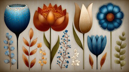 a collection of abstract flowers with different shades of blue, orange, and white.