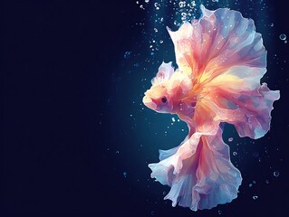 a colorful, flowing fish floating against a dark background with bubbles and bubbles