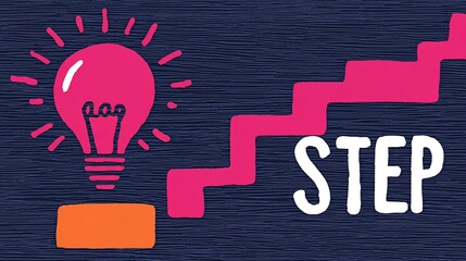 a colorful graphic design featuring a bright bulb with a sunburst and a pipeline next to the word step