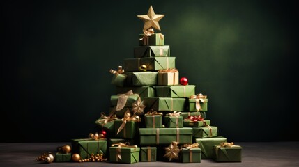 Christmas gift tree with green and gold presents