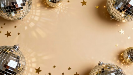 A festive arrangement of reflective disco balls and golden stars on a warm beige background, creating a celebratory and glamorous atmosphere.