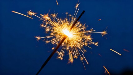 A vibrant sparkler bursts with golden sparks against a deep blue night sky, capturing the essence of celebration and festivity.