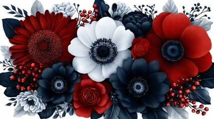 a bouquet of flowers in various shades of red, white, and navy blue, arranged closely together