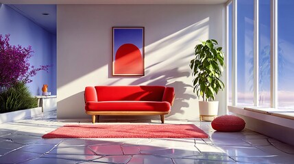 a brightly lit living room with a vibrant red sofa, a red rug, and a potted plant