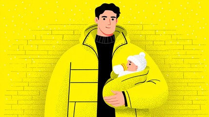 a cartoonish illustration of a man and a child wearing bright yellow coats against a bright yellow background