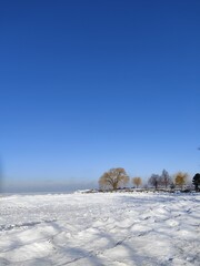 winter landscape with snow, winter lake Erie frozen