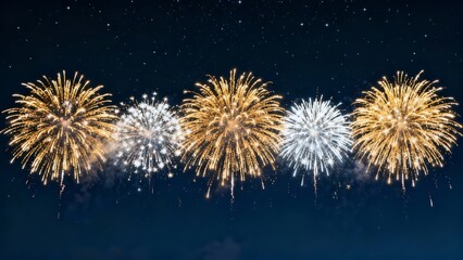 A vibrant display of fireworks bursting in the night sky, featuring golden and white bursts against a starry backdrop.