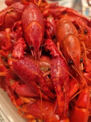 red crayfish on a wooden table