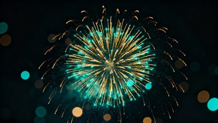 A vibrant display of fireworks bursting in the night sky, featuring a central explosion of teal and gold sparks with bokeh effects in the background.