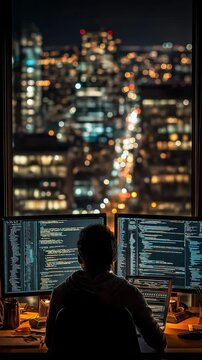 Employee Working Dual Monitors Code Nighttime Office Glow