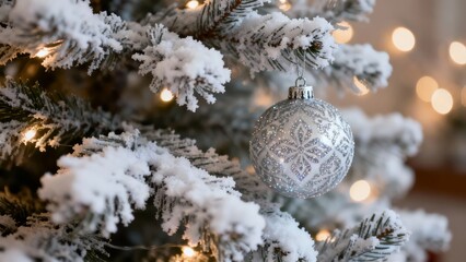 A close-up of a snow-dusted Christmas tree adorned with a shimmering silver ornament, illuminated by warm, bokeh lights in the background.