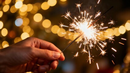 A hand holding a sparkling firework against a backdrop of warm, glowing bokeh lights.