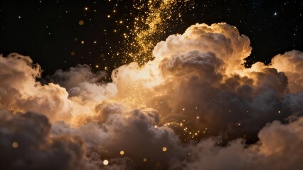 A mesmerizing view of glowing golden clouds illuminated against a dark, starry sky, creating a dreamlike and ethereal atmosphere.