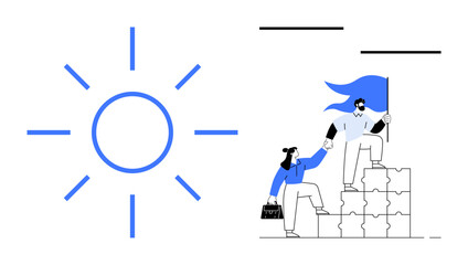 Sun icon paired with a scene of a leader helping a teammate climb puzzle blocks while holding a flag. Ideal for leadership, support, teamwork, guidance, growth, motivation, simple flat metaphor