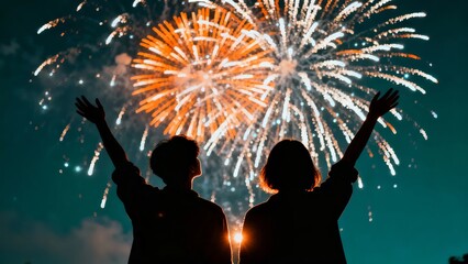 Two individuals raise their arms in celebration under a vibrant display of fireworks against a dark night sky.