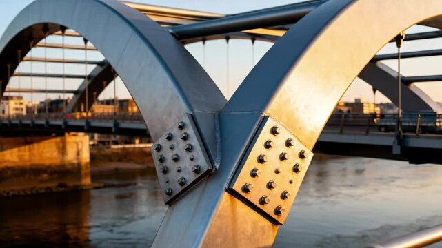 Closemedium view of a metallic arch bridge emphasizing its modern curved engineering and reinforced joints for longlasting structural integrity.
