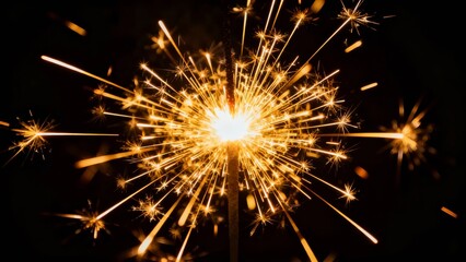 A vibrant sparkler bursts with golden sparks against a dark background, creating a dazzling display of light and motion.