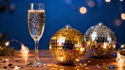 A festive scene featuring a glass of champagne, glittering disco balls, and twinkling lights on a wooden surface with confetti.