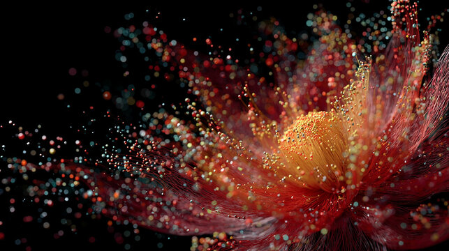 Vibrant digital particles converge to form an abstract glowing flower, symbolizing creativity, growth, and energy in a futuristic, dynamic composition.