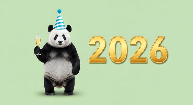 Pandas Feier zum Jahreswechsel 2026: Ein fr&ouml;hlicher Panda, geschm&uuml;ckt mit einem festlichen Hut und einem festlichen Glas, l&auml;utet vor einem sanftgr&uuml;nen Hintergrund das Jahr 2026 ein und biet